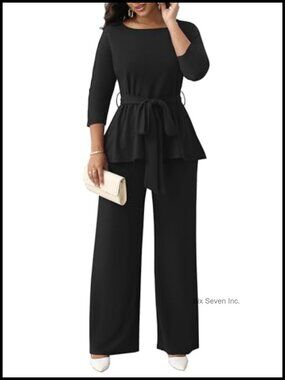 2 Piece Peplum Top Flared Pants Suit Set Stretch Workwear